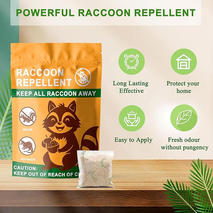 Natural Raccoon Repellent Granules | Eco-Friendly Non-Toxic &amp Long-Lasting Protection with Garlic Peppermint &amp Wintergreen Oils | Safe for Pets and Children |10-Pack (25g per Bag)