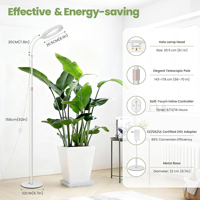 Large Plant Lights for Indoor Growing 24V 660nm-Enhanced Full Spectrum LUMILEDS LED Grow Light 8.1in Grow lamp with Timer &amp Dimming Adjustable Height 22-70in 20W K20-W