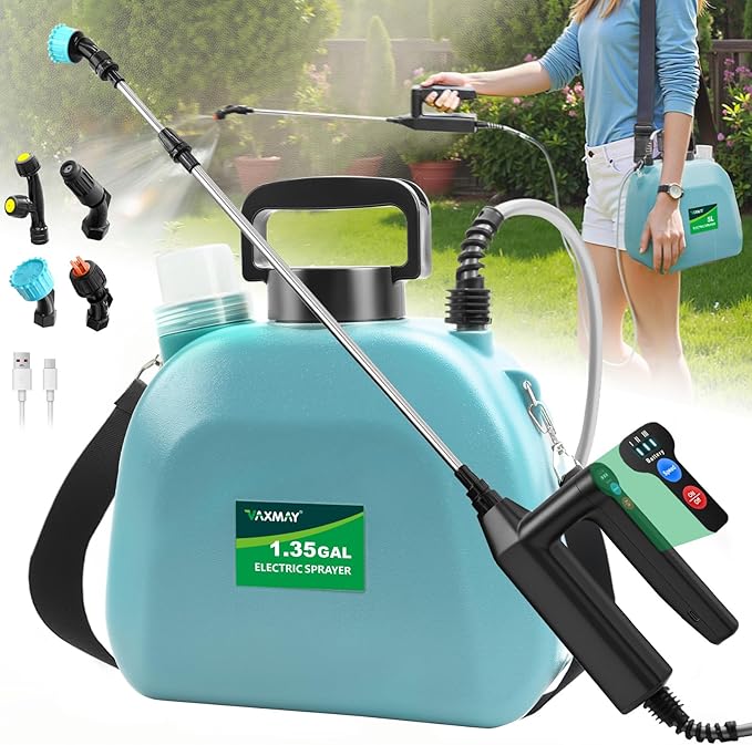 Battery Powered Sprayer 1.35 Gallon 2026 Electric Garden Sprayer with 3 Adjustable Speeds 4 Mist Nozzles Rechargeable Handle Retractable Wand with Adjustable Shoulder Strap for Weed Lawn(Blue)