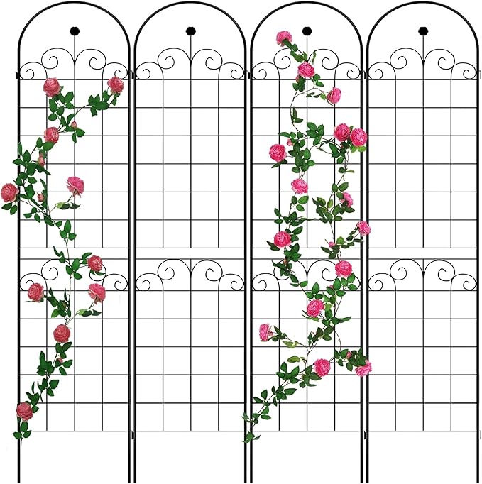 4 Pack Large Garden Trellis 86.7 H x 19.7 W Heavy Duty Rustproof Black Iron Plant Trellis for Potted Plant Support Metal Climbing Rose Trellis Vine Vegetable Cucumber