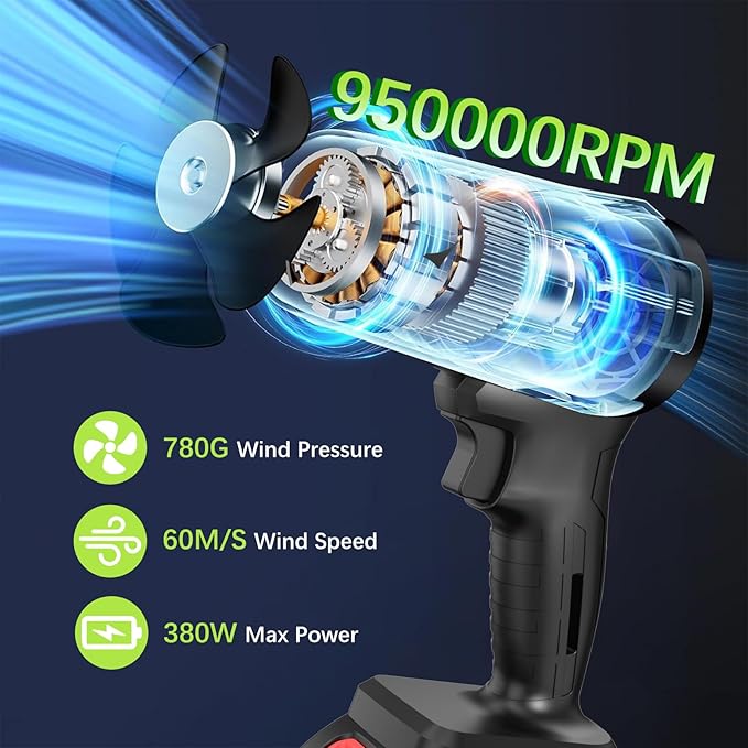 Leaf Blower with 21V*2 Pcs Batteries 950000RPM Powerful Fan High Variable Speed 200 MPH Handheld Air Blower Perfect for Car Drying Patio Cleaning Lawn Caring Leaves Blowing (Black)