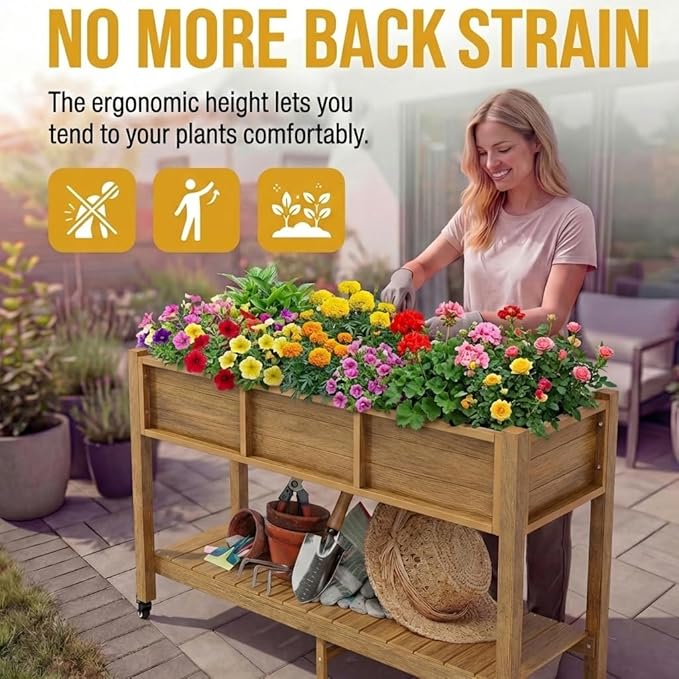 DWVO 47x18x31in Raised Garden Bed Outdoor HDPE with Legs and Lockable Wheels Weather-Resistant Poly-Wood Elevated Planter Box Double Tier Planters for Backyard Patio Balcony Brown