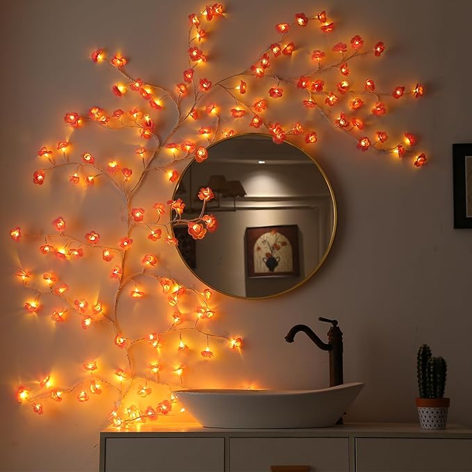 Cherry Blossom Lights with Remote 7.5 Ft 144 Flowers Enchanted Willow Vine Lights 18 Branches 144 LEDs Lighted Willow Vine Tree Lights for Walls Bedroom Home Room Decor White Branch