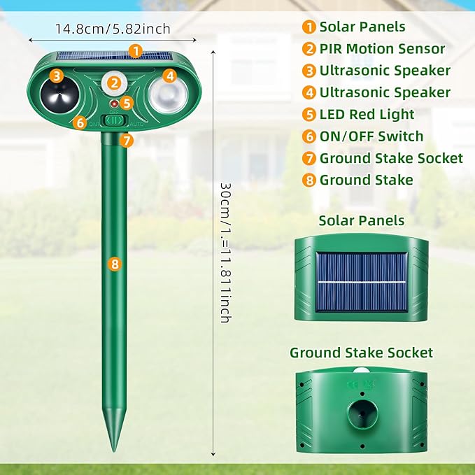 2026 Upgraded Solar Ultrasonic Animal Repeller Outdoor with Motion Sensor &amp LED Strobe Cat Repellent Outdoor Effective Dog Deer Raccoon Squirrel Deterrent for Yard Lawn Garden 4 Pack