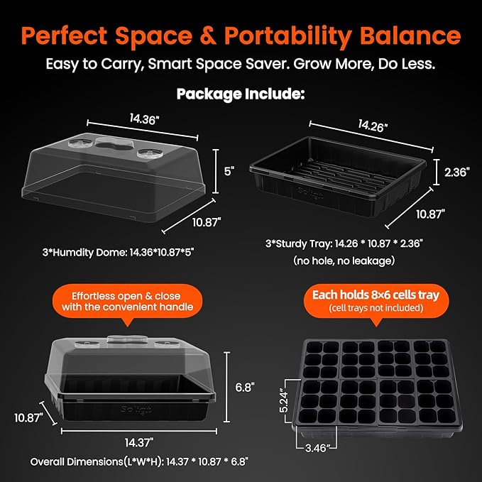 SOLIGT [Thick Plastic] 3-Set Strong Seed Starter Trays with 5 Humidity Domes for Seed Starting Germination Seedling Propagation &amp Plant Growing Holds 144 Cells in Total