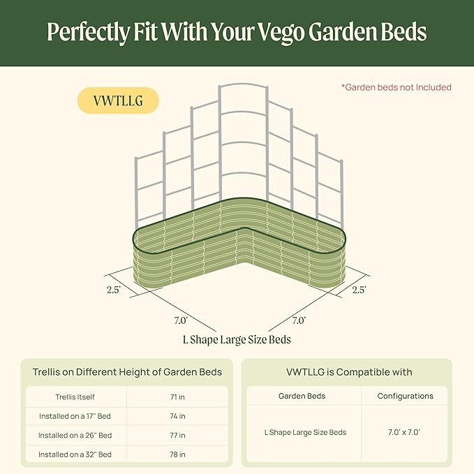 Vego Garden Modular Wall Trellis System 7' Long for 7' x 7' Large Size L-Shaped Garden Beds (Garden Beds Not Included)