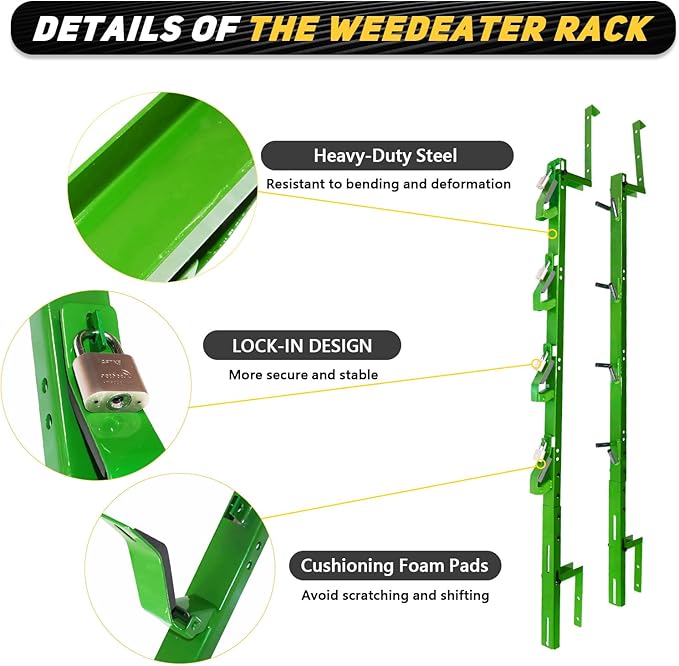 4 Place Trimmer Weed Eater Rack Fit for Open &amp Enclosed Trailer Walls Landscape Truck Weedeater Rack Holder Carrier with 4 Lock-Green