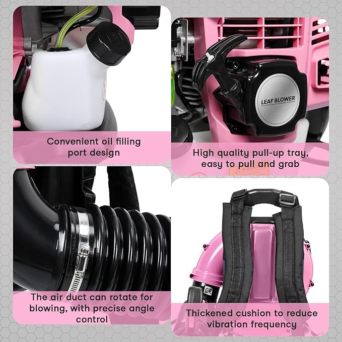 63CC Backpack Leaf Blower Gas Powered 3HP 2-Stroke Engine 665CFM High Velocity Air Cooling System Adjustable Backpack Blowers Gas for Lawn Garden Yard Snow Gutter Cleaning (Girls Pink)