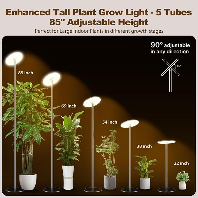 40W Full Spectrum Tall Grow Light 85'' Adjustable Standing Plant Light for Indoor Plants 10-Level Dimmable with 4/8/12H Timer Sunlike for Large Plants &amp Indoor Trees