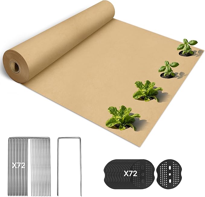 120 x 3 Ft Biodegradable Paper Weed Barrier Garden Paper Weed Barrier with U-Shaped Ground Nails Biodegradable Landscape Fabric Weedguard Plus Paper Mulch for Weed Control &amp Holds Soil Moisture