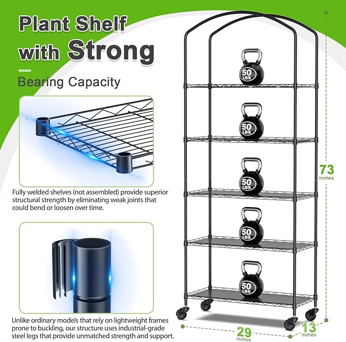 Abimars 5-Tier Greenhouse with Grow Light Shelf Height Adjustable Metal Plant Shelf with PVC Cover and Wheels Includes 5-Pack 2900K Full Spectrum Plant Lights 13x29x73inch