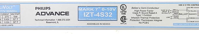 Philips Advance Mark 7 0-10V IZT-4S32-4 Lamp Fluorescent Ballast - F32T8-120/277 Volt - Dimming - 0.88 Ballast Factor