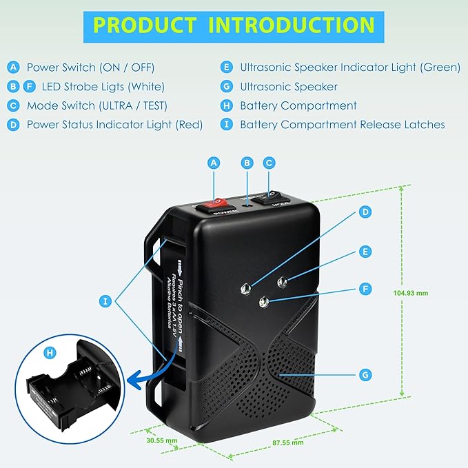 Ultrasonic Rodent Repellent for Car Engine – Battery Powered Under Hood Mouse Repeller with Flashing Strobe Light Keeps Rats and Mice Away from Vehicle Automobile Truck Garage Attic Barn Shed