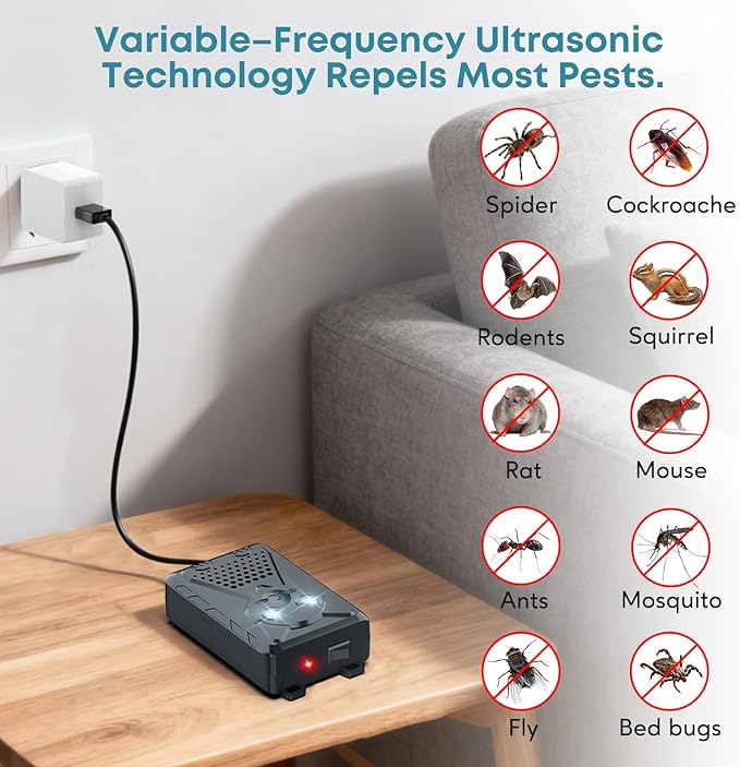 Ultrasonic Pest &amp Rodent Mouse Squirrels Repellent Plug-in Electronic Rat Bat Bug Spider Repeller Battery Operated Deterrent Control Mice for Car Engines Replace Mouse Traps Indoor Outdoor 2 P