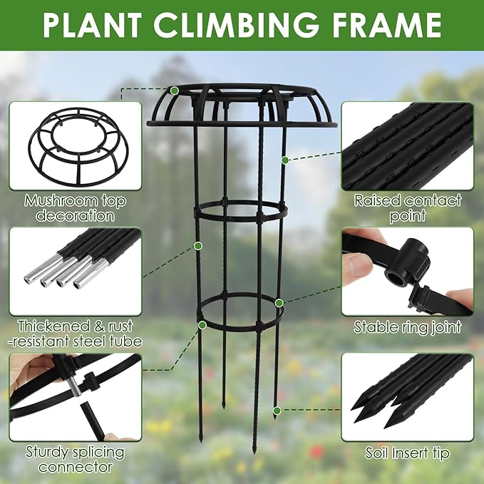 Garden Trellis for Climbing Planter Adjustable Metal Flower Trellis Mushroom Top Trellis for Outdoor Indoor Use Planter Support for Vegetables Roses Vines US(Three LayersBlack)