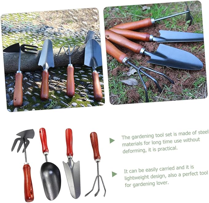 4pcs Mini Garden Tool Set with Extended Narrow Spade Triple-Claw Rake Dual-use Pointed Hoe Soil Scoop for Planting and Flower Gardening