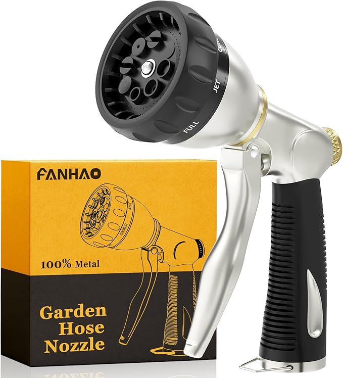 FANHAO Heavy Duty Garden Hose Nozzle 100% Metal Water Nozzle with 8 Adjustable Spray Patterns High Pressure Hose Sprayer with Non-Slip Grip for Watering Plants &amp Lawns Washing Cars &amp Pets -