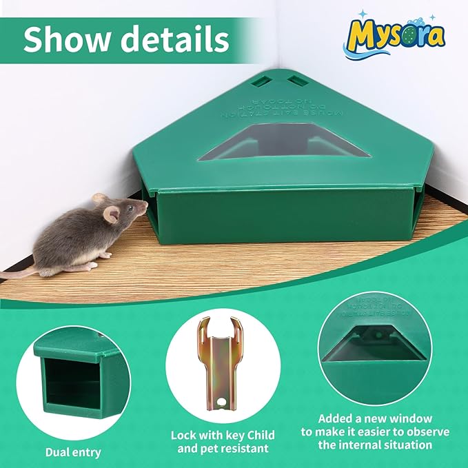 6 Pack Mouse Bait Stations with Visible Window &amp Keys Lockable Rodent Control Boxes Triangular Mice Traps Box for Indoor Outdoor Corners Garage Kitchen Bait Not Included (Green)