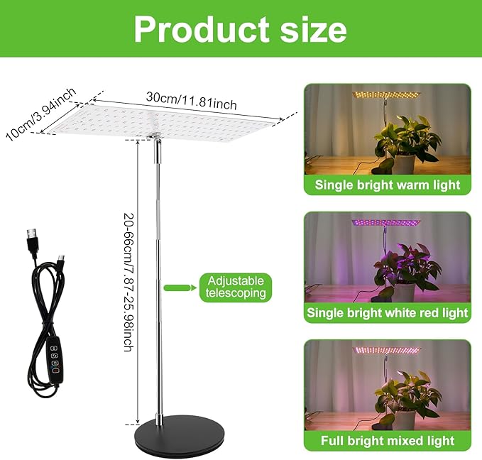 Vegetation Grow Light Height Adjustable Vegetation Growing Lamp for Indoor Dimmable Brightness Full Spectrum Grow Light Bright Easy to Install LED Light with Auto On/Off Timer 4/8/12H (Style 02)