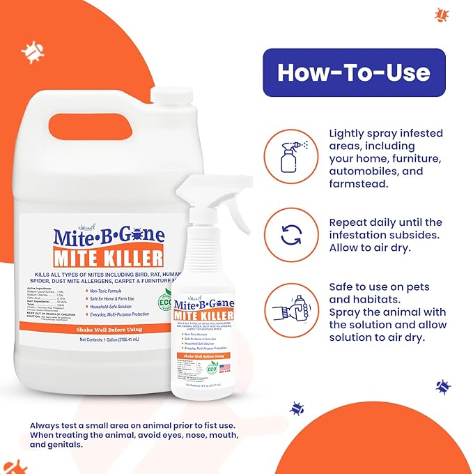 Mite Killer Spray by Mite-B-Gone - 32oz | Plant-Based Treatment for Human Dust Chicken Bird Carpet &amp Rat Mites in Homes Furniture &amp Bedding | Farm Family &amp Pet Safe