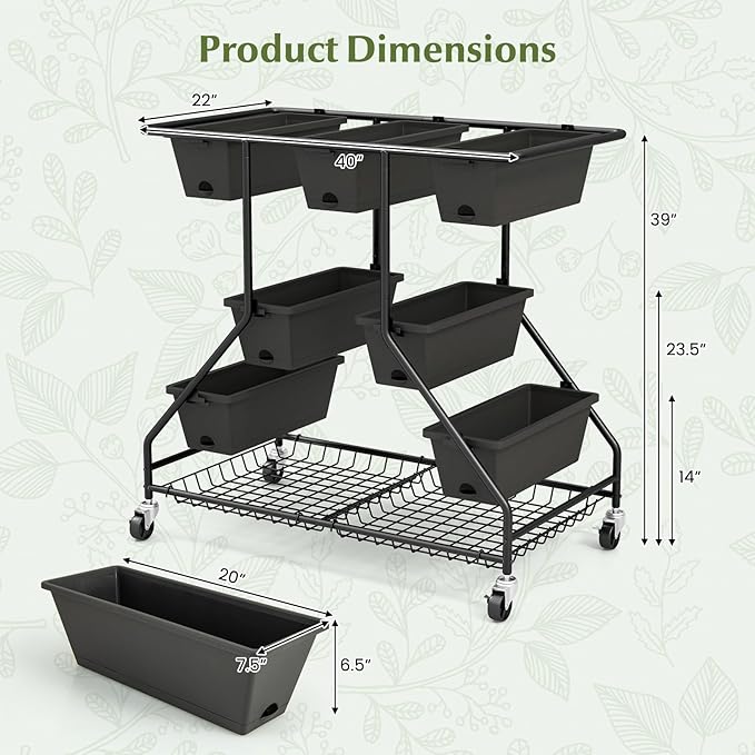 Giantex Rolling Raised Garden Bed w/ 7 Planter Boxes Storage Baskets Drainage Holes 4 Lockable Casters 3-Tier Freestanding Elevated Planter for Strawberry Vegetable Flower Herb
