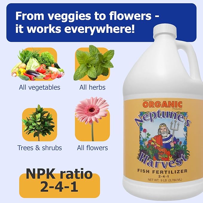 Neptune's Harvest Fish Fertilizer (2-4-1) - Organic Liquid Plant Fertilizer - Fish Hydrolysate for Vegetables Flowers Fruit Trees Grass - Indoor and Outdoor Plant Food (Gallon)