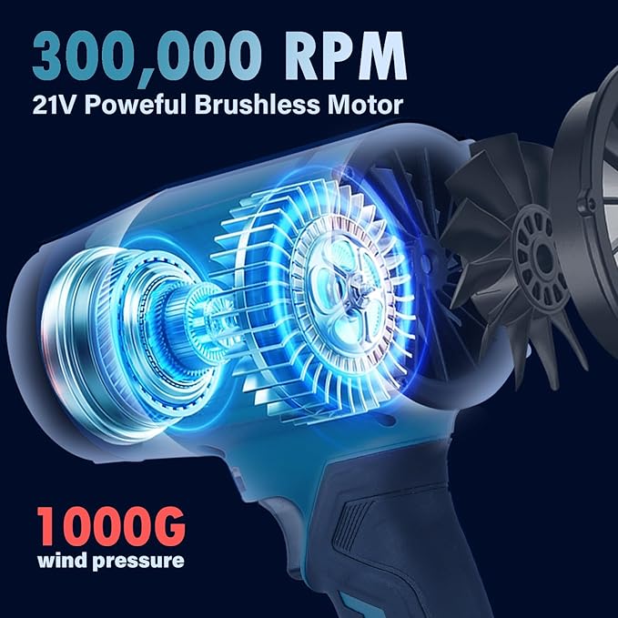 Cordless Leaf Blower Portable Dust Cleaner 21V Handheld Turbo Jet Blower 300000 RPM Compressed Air Duster for Patio Cleaning Lawn Care Drying Camping Blowing Leaves &amp Snow w/ 2 Batteries Blue