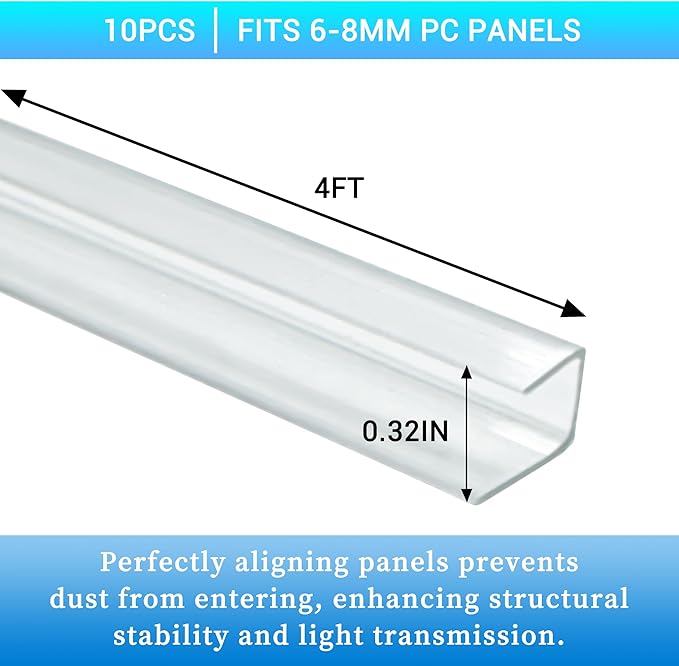 10 PCS Polycarbonate Greenhouse U Connector Profile 4ft Length Fits 0.24’’ &amp 0.32’’ Twin-Wall Polycarbonate Panels Duty Dust Rain &amp Moisture Protection Durabler (U-Clip 4' × 0.71’’ × 0.32’’)