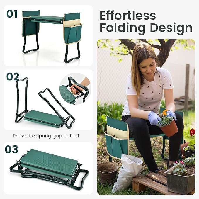 Giantex Garden Kneeler &amp Seat Folding Gardening Stool Portable Garden Bench with EVA Foam Pad Heavy-Duty Metal Frame Gardening Gift for Women Men Seniors (Holds 330 LBS) (with 2 Bags)