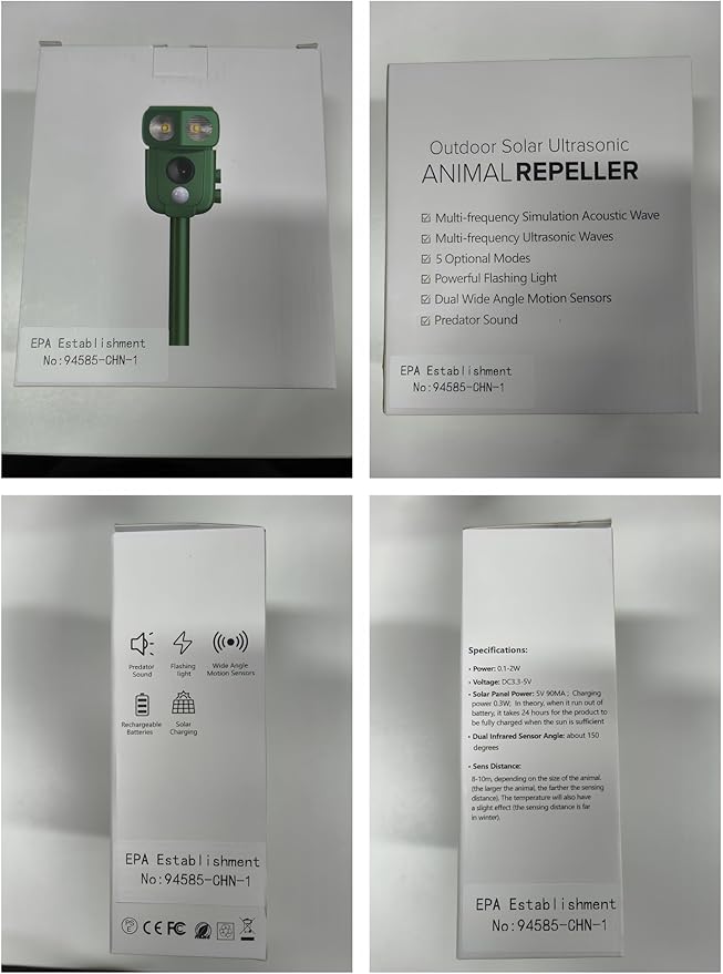 Solar Ultrasonic Animal Repellent Outdoor 4 Pack Cat Squirrel Rabbit Dog Deer Repellent Devices Skunk Coyote Raccoon Fox Deterrents Light Animal Repeller with Motion Sensor for Yard Garden (4 Green)