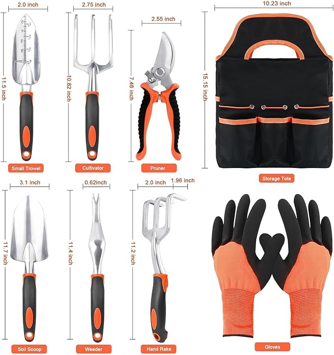 Garden Tool Set 8 Piece Gardening Tools Set with Non Slip Ergonomic Handle Heavy Duty Garden Tool Sets with Storage Bag for Outdoor Pruning(3pcs-Orange)