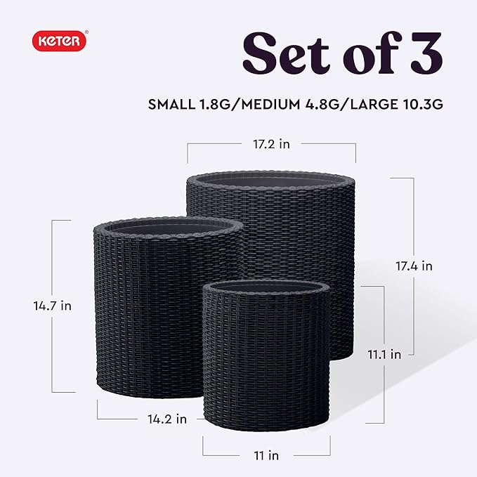 Keter Cylinder Set of 3 Rattan Resin Planter for Indoor and Outdoor Plants Ideal Decorative Planter for Porches and Patio Decor Black