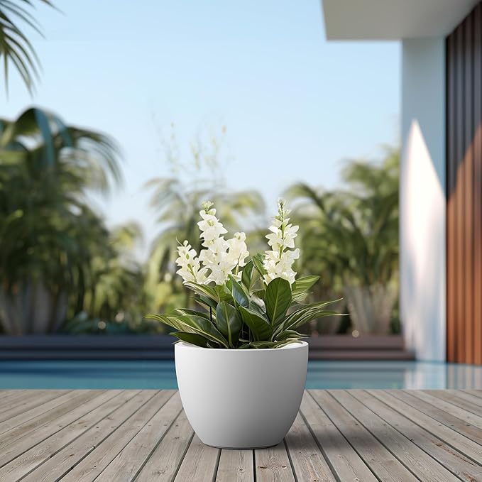 Kante 14.2 Inch Round Concrete Planter - Classic Large Indoor/Outdoor Plant Pot with Drainage Hole and Rubber Plug Suitable for Gardens and Patios White