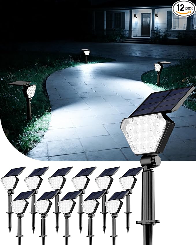 T-SUN Solar Lights Outdoor Waterproof IP65 12 Pack LED Solar Spot Lights Color Changing IP65 Waterproof Smart Auto On/Off for Outside Landscape Garden Yard Lawn Pathway Patio Driveway