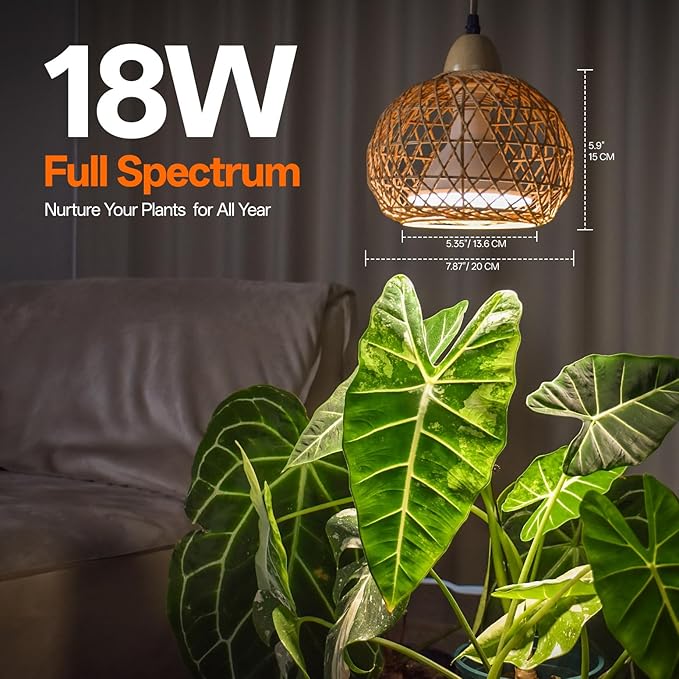 Bstrip Hanging Grow Lights for Indoor Plants 18W Full Spectrum Plant Light with 4H/9H/14H Timer 15.9 FT Power Cord &amp Boho Rattan Shade 3800K Hanging Lights for Indoor Plant Tall Plant Flowers