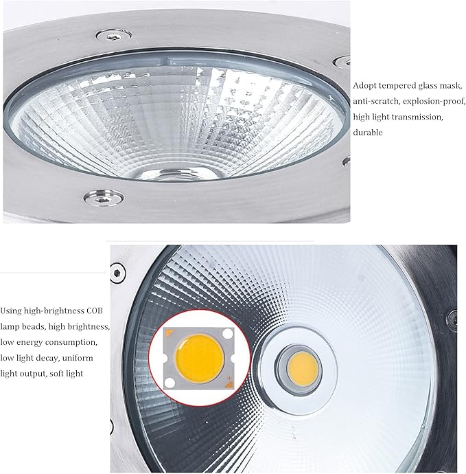 Outdoor Recessed Ground Light COB Round Embedded Underground Light IP66 Waterproof LED Garden Landscape Lights for Pathway Patio Bridge Driveway Decorative Spotlight AC85-265V