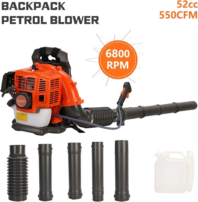 Gas Leaf Blower Backpack Leaf Blower 52CC 2 Stroke 550 CFM Backpack Blowers Gas Powered Gas Powered Leaf Blower Gas Blowers for Lawn Care Yard Road Cleaning (Red-Orange)