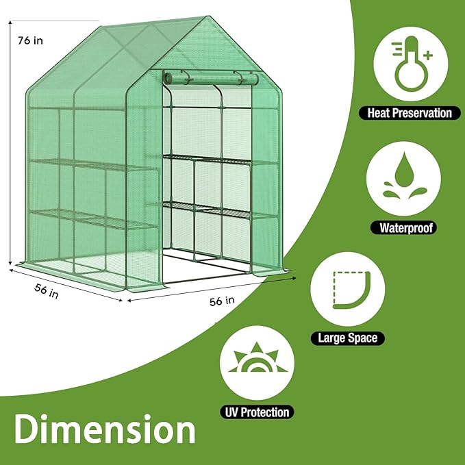 Greenhouse 56 x 56 x 76'' Heavy Duty Greenhouses for Outdoors Green House with Roll-Up Door Thicken PE Cover Portable Walk-in Green Houses for Outside with 3 Tier 8 Shelves