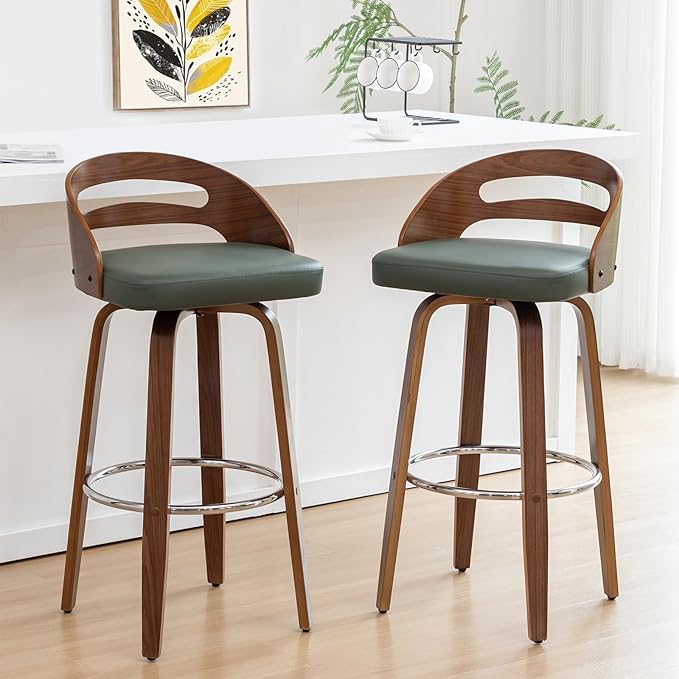 Bar Stools Set of 2 Swivel Bar Stools with Walnut Craftsmanship Bentwood Curved Back Upholstered Faux Leather Soft Cushion Seat Mid Century BarStools for Bar/Pub/Cafe (Green 30 Seat Height)