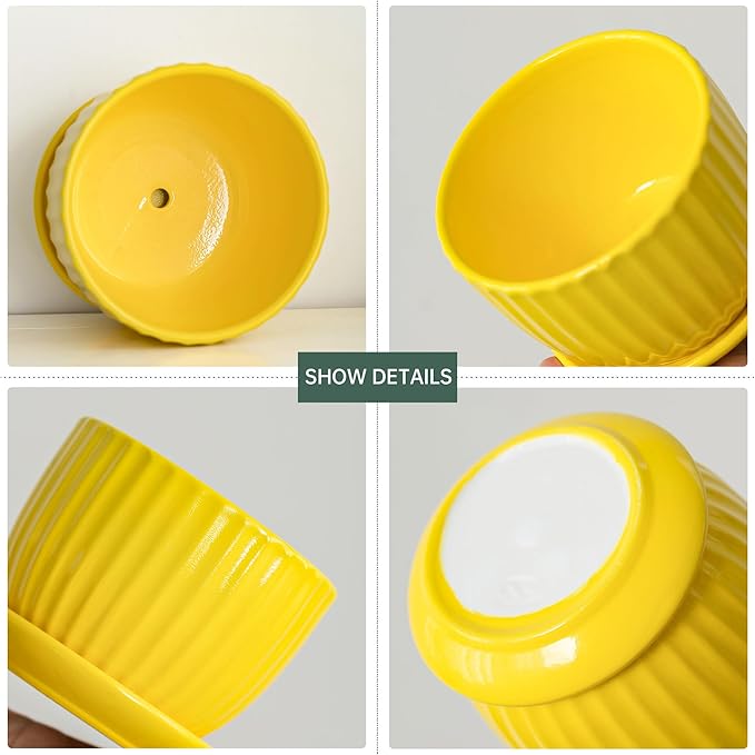Ton Sin Ceramic Flower PotsYellow Plant Pots for Indoor Plants4.1+5.1+6.5 inch Ceramic Plant Pots with TrayMedium Indoor Planters for Aloe Cactus Decorative Pots with Drainage Hole (Set of 3)
