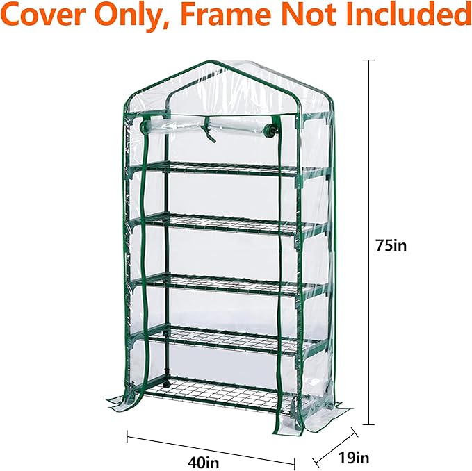 DECOHS Extra Wide 5 Tier Greenhouse Replacement Cover- 75 x 40 x 19 Inch Clear PVC Plant Gardening Greenhouse Cover with Roll-Up Zipper Door for Gardening Plants Flowers (Frame Not Include)