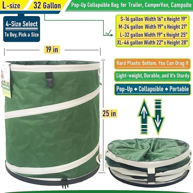 32-Gallon Collapsible Trash Can (19x25 in) Hard-Shell Bottom Leaf BagYard Waste BagGarden Debris ContainerPop-Up Recycling BinRV Camping Waste BinLaundry HamperLawn Grass ClippingsWeeds Basket