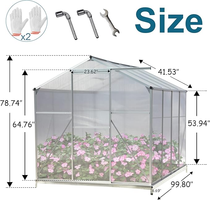 6x8 FT Greenhouses for Outdoors Heavy Duty Outside Walk in Green House for Garden Plants UV Protection Adjustable Roof Vent Thermostatic Waterproof and Insect Resistant Silver