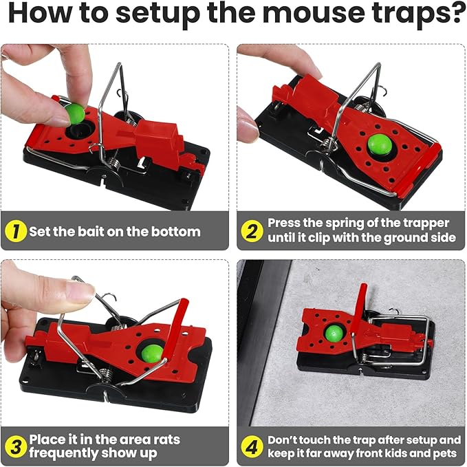 Qualirey 24 Pcs Mouse Traps Bulk Plastic Snap Rat Trap Reusable Quick Effective Safe for Indoor Outdoor Home House Warehouse Garden Kitchen 3.86 x 1.81 x 2.17 Inch (Red)