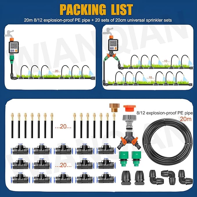 360° Bendable Drip Irrigation Kit Bendable Drip Garden Watering System Automatic Irrigation Equipment Set High Pressure Resistance Smart Timer for Greenhouse Flower Beds Lawn 20m