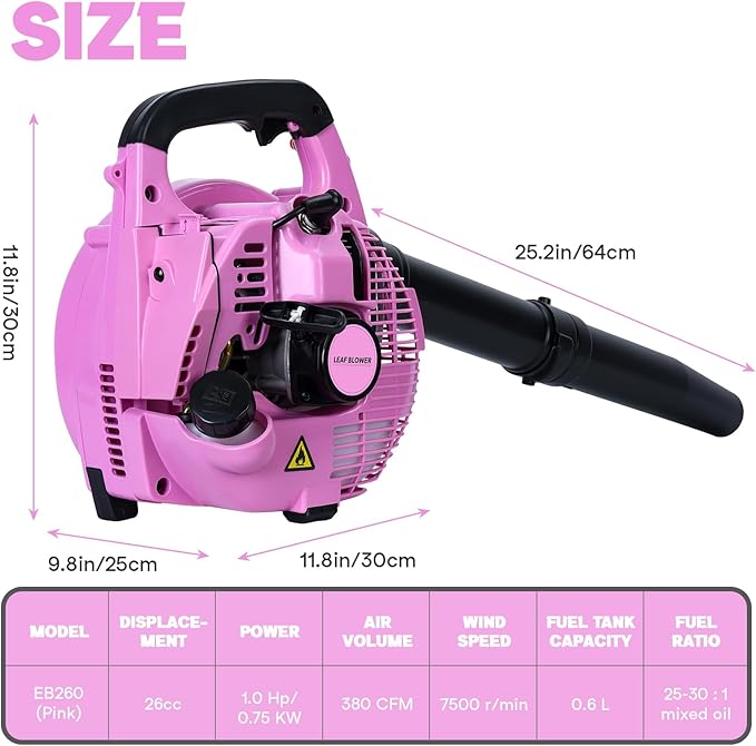 Handheld Gas Leaf Blower 2-Stroke Gas Powered Leaf Blower 26cc Gasoline Grass Sweeper Powerful Clearing Blower for Lawn Care Snow Blowing &amp Yard Cleaning (Pink)