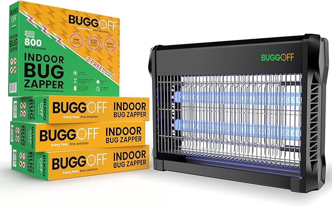 BUGGOFF Black Modern Indoor Electric Bug Zapper 800 SQFT Coverage 3500 Volts of Stunning Power 20 Watts Kills Mosquitos Gnats Flys &amp More. 5 Year Warranty X2 Free Replacment Bulb (4 Pack)