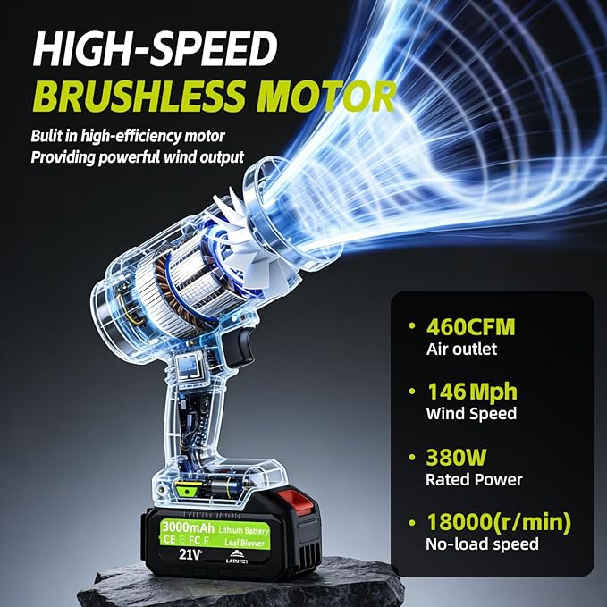 21V Cordless Leaf Blower with 2 * 3.0Ah Batteries and Charger High Power Turbo Jet Blower Lightweight Handheld Electric Blower for Lawn Care Yard Maintenance and Snow Clearing