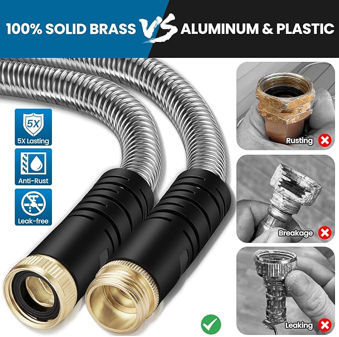 Metal Garden Hose 100FT Stainless Steel Water Hose with 10 Function Nozzle Solid Brass Fittings Lightweight Kink-Free &amp Dog Chew Proof for Lawn Yard RV Car Wash 550PSI