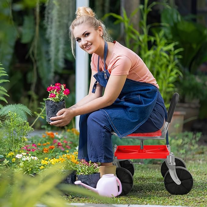 Rolling Garden Stool with Wheels Portable Seat Cart for Adults and Seniors Heavy Duty Adjustable Gardening-Stool for Planting Easy Move Lawn Work Stool (Red-01)